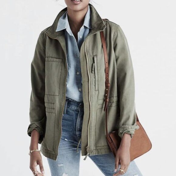 ~ Madewell SM Boho Jacket Fleet Utility Cotton Pockets Olive Green Preppy Zip - Picture 1 of 13